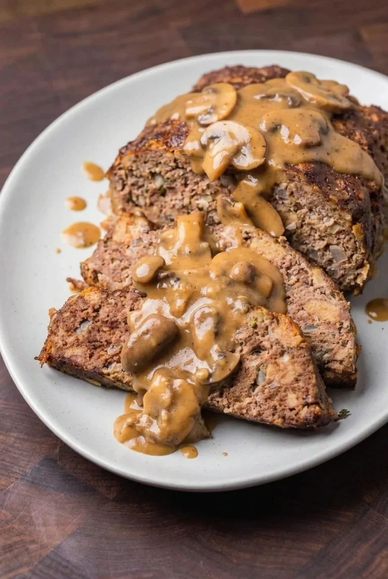 Brown Gravy Meatloaf with Mushrooms Thick slices of brown gravy meatloaf with visible mushrooms arranged on a light plate