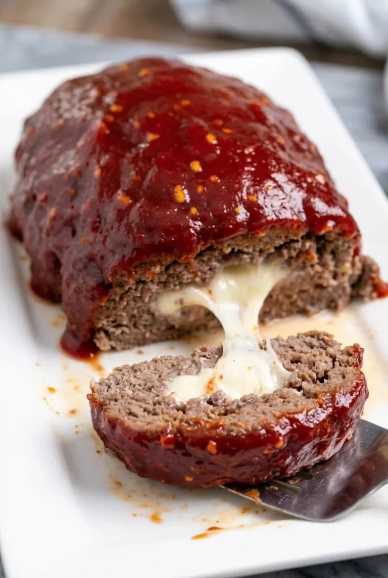 Cheese-Stuffed Meatloaf with Mozzarella Center Cheese-stuffed meatloaf with glossy ketchup glaze and a mozzarella-filled slice lifted to show the cheese pull