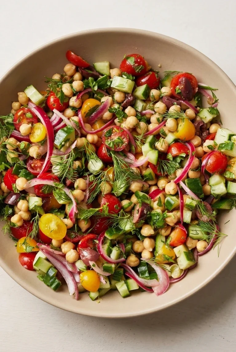 Chickpea salad with cucumber, red and yellow tomatoes, red onion, olives, parsley, and dill in a shallow bowl