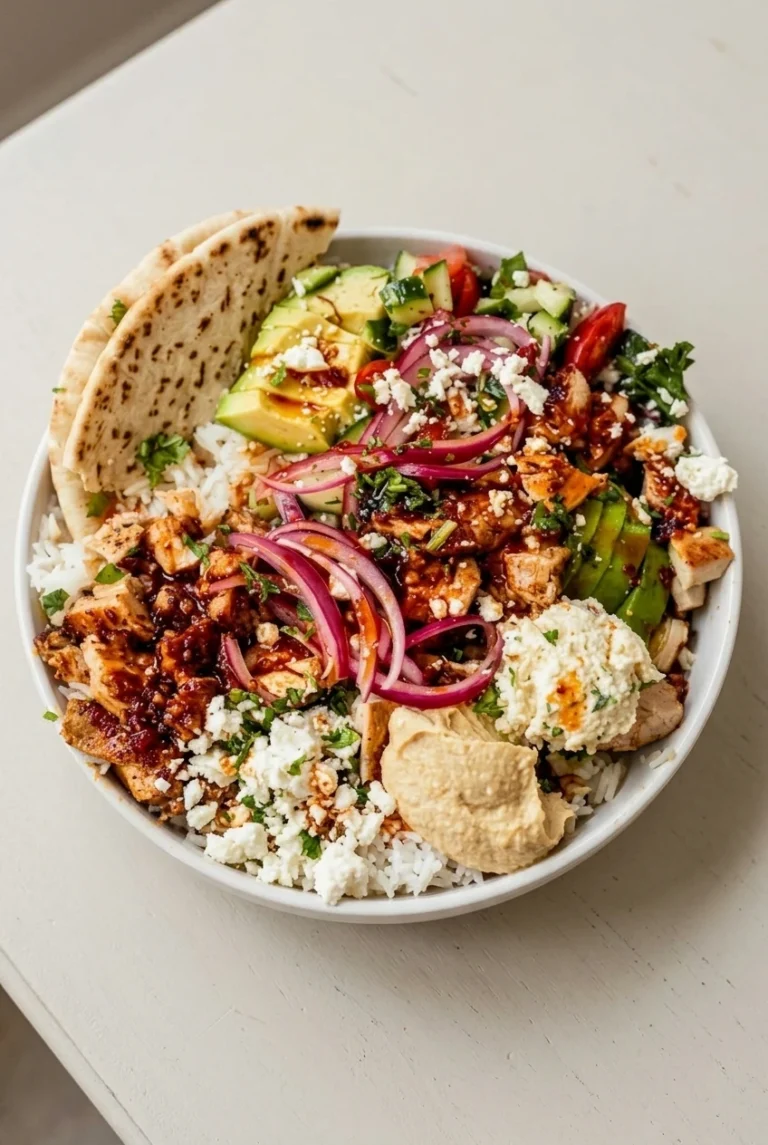 Honey Harissa Chicken Bowls with Rice Honey harissa chicken bowl with rice, avocado, cucumber, tomato, pickled onion, feta, hummus, dressing, and pita