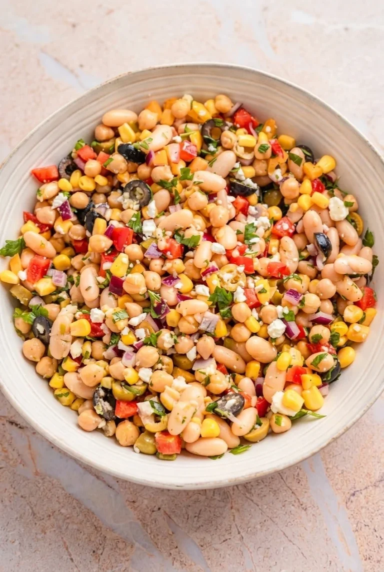 Dense bean salad with white beans, chickpeas, corn, olives, feta, and parsley in a shallow serving bowl