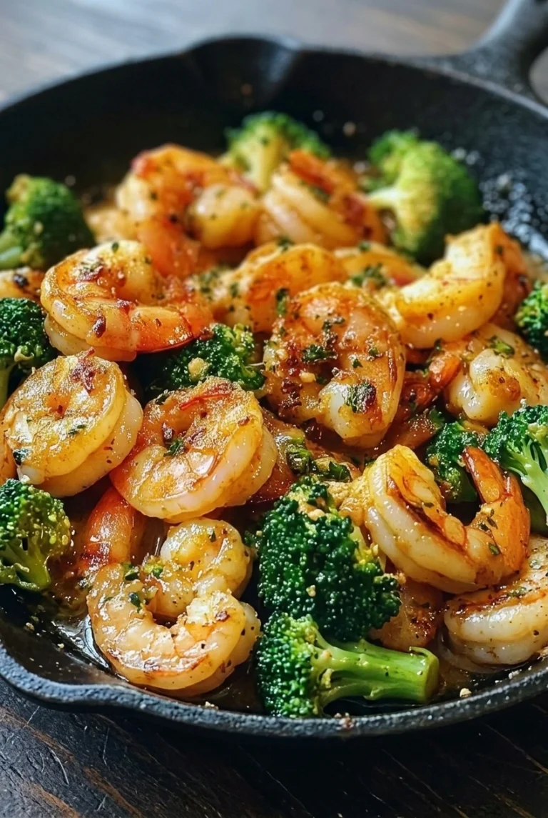 Garlic Butter Shrimp and Broccoli Skillet Garlic butter shrimp and broccoli in a dark skillet, with curled seared shrimp and green florets.