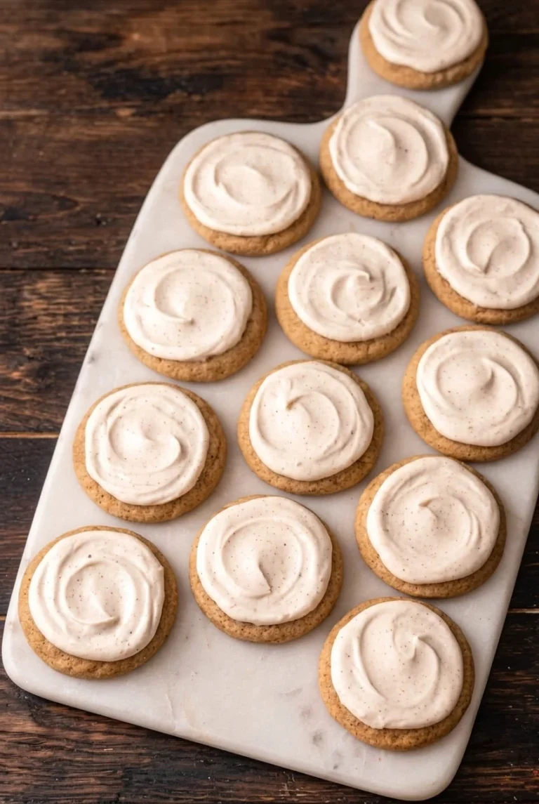 Round eggnog cookies topped with thick nutmeg-flecked frosting swirls on a pale marble board.