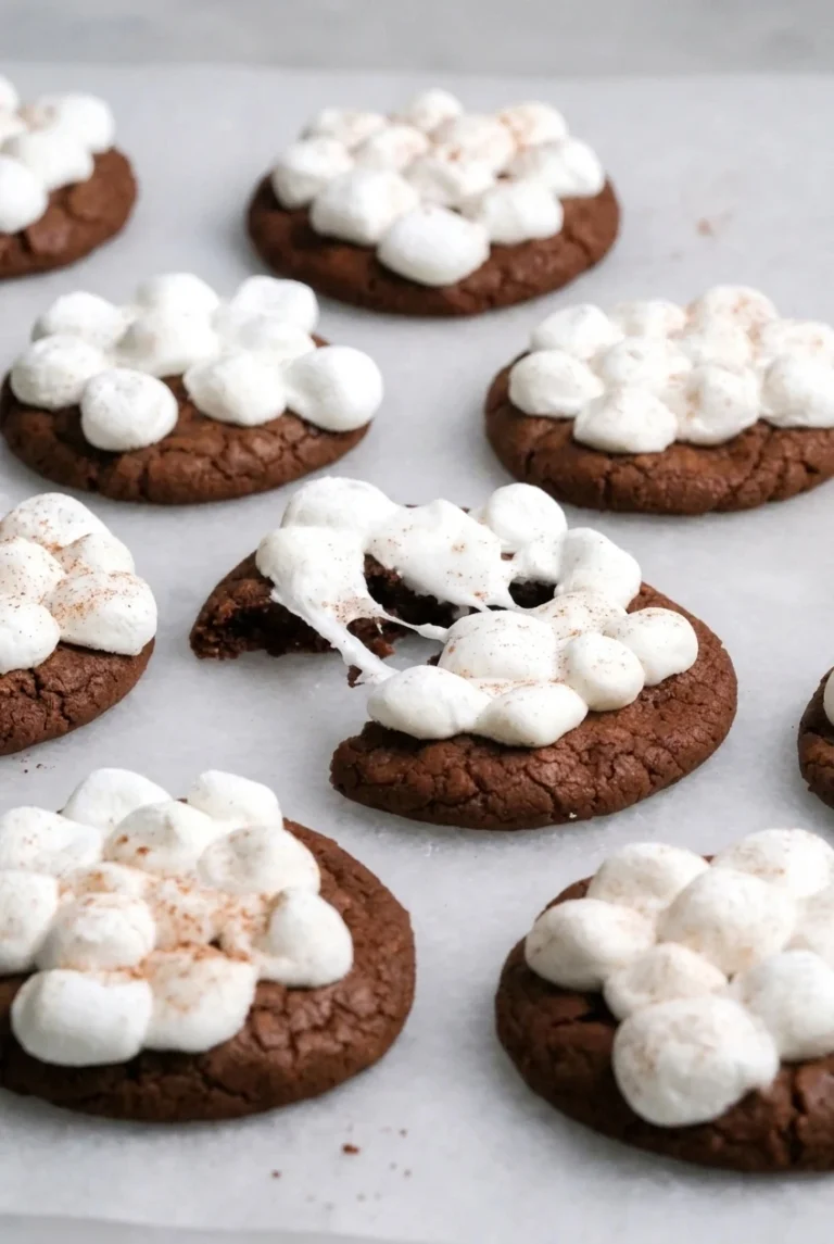 Hot chocolate cookies with pillowy mini marshmallows and a light cinnamon dusting, arranged on parchment.