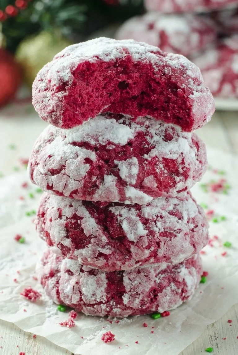 Red Velvet Christmas Crinkle Cookies A stack of red velvet Christmas crinkle cookies with snowy cracked tops and a halved cookie showing its red center