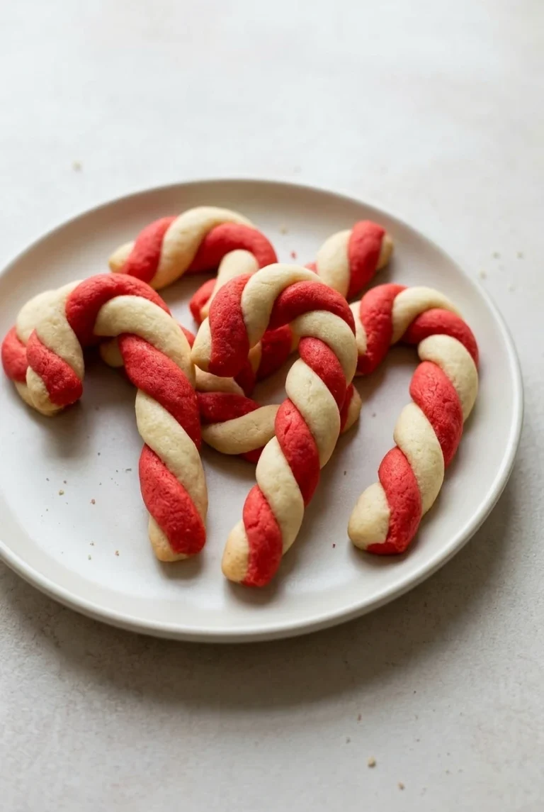 Candy Cane Cookies with Peppermint Red-and-white peppermint candy cane cookies arranged on a pale plate