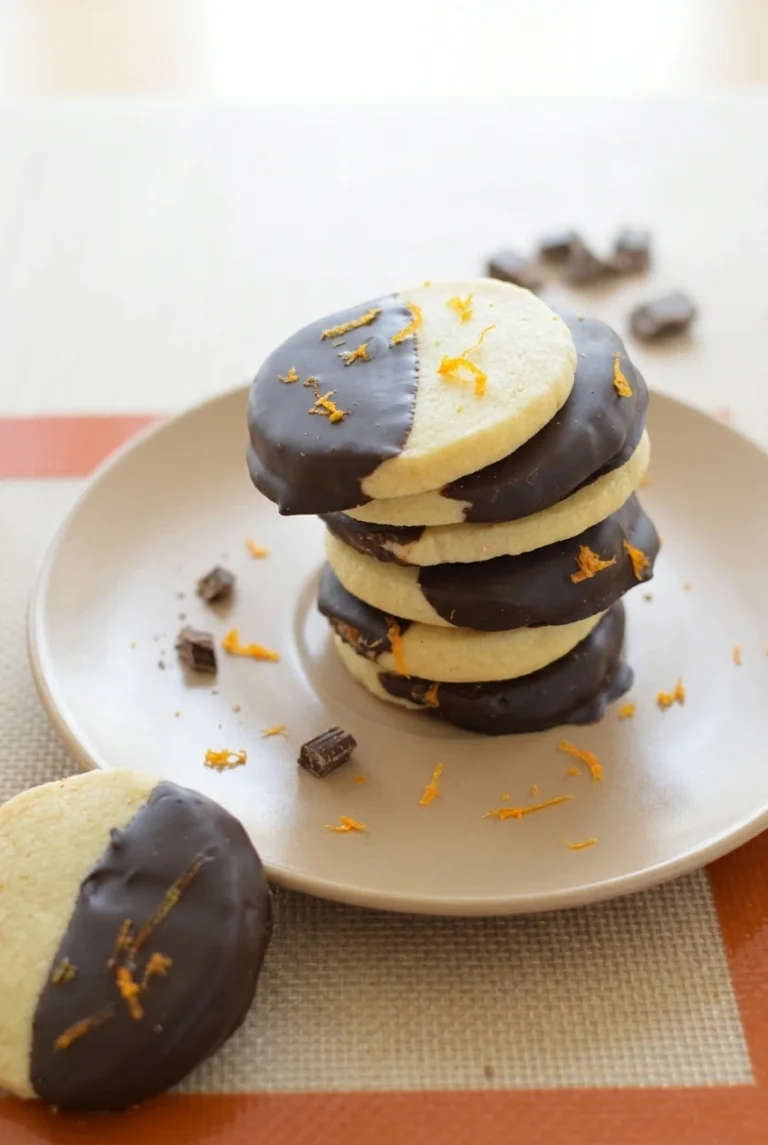 Chocolate Orange Shortbread Cookies (Half-Dipped) A loose stack of pale chocolate orange shortbread cookies, half-dipped in dark chocolate and sprinkled with zest.