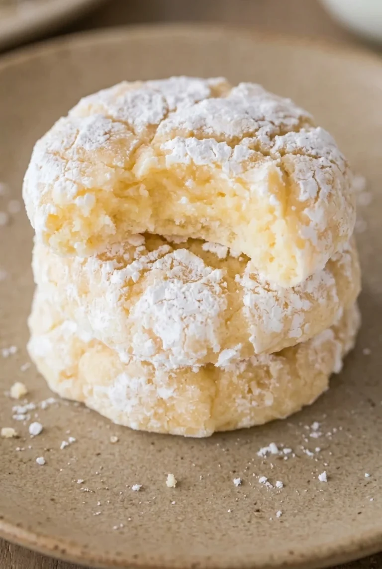 A close stack of Christmas gooey butter cookies with snowy cracked tops and a soft pale-yellow cookie broken open on top.