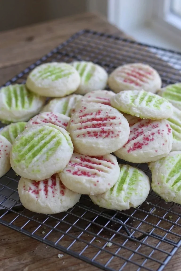 Whipped Christmas Shortbread Cookies Pale whipped Christmas shortbread cookies with fork grooves and red and green sanding sugar piled on a wire rack