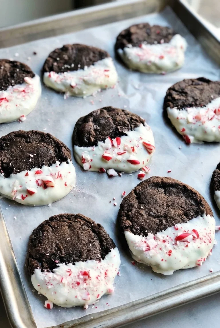 Chocolate Peppermint Cookies with White Chocolate Dip Chocolate peppermint cookies with craggy tops, white chocolate half-dips, and crushed candy cane on parchment.