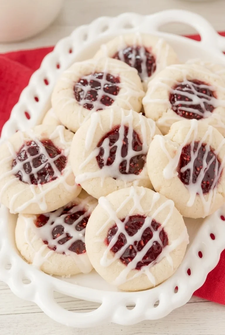 Raspberry thumbprint cookies with glossy jam centers and white icing clustered on a plate