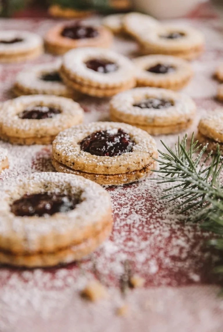 Christmas Linzer cookies with raspberry jam, fluted edges, and powdered sugar arranged in a loose group.
