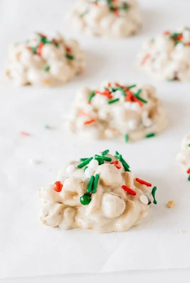 Christmas Crockpot Candy: White Chocolate Peanut Clusters Christmas Crockpot Candy white chocolate peanut clusters with red and green sprinkles on a pale surface