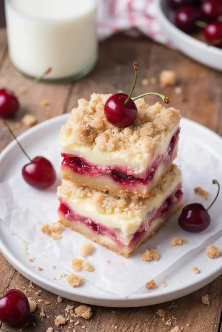 Christmas Cherry Cheesecake Bars with Shortbread Crumble Stacked Christmas cherry cheesecake bars with shortbread crust, cherry and cheesecake layers, golden crumble, and a fresh cherry