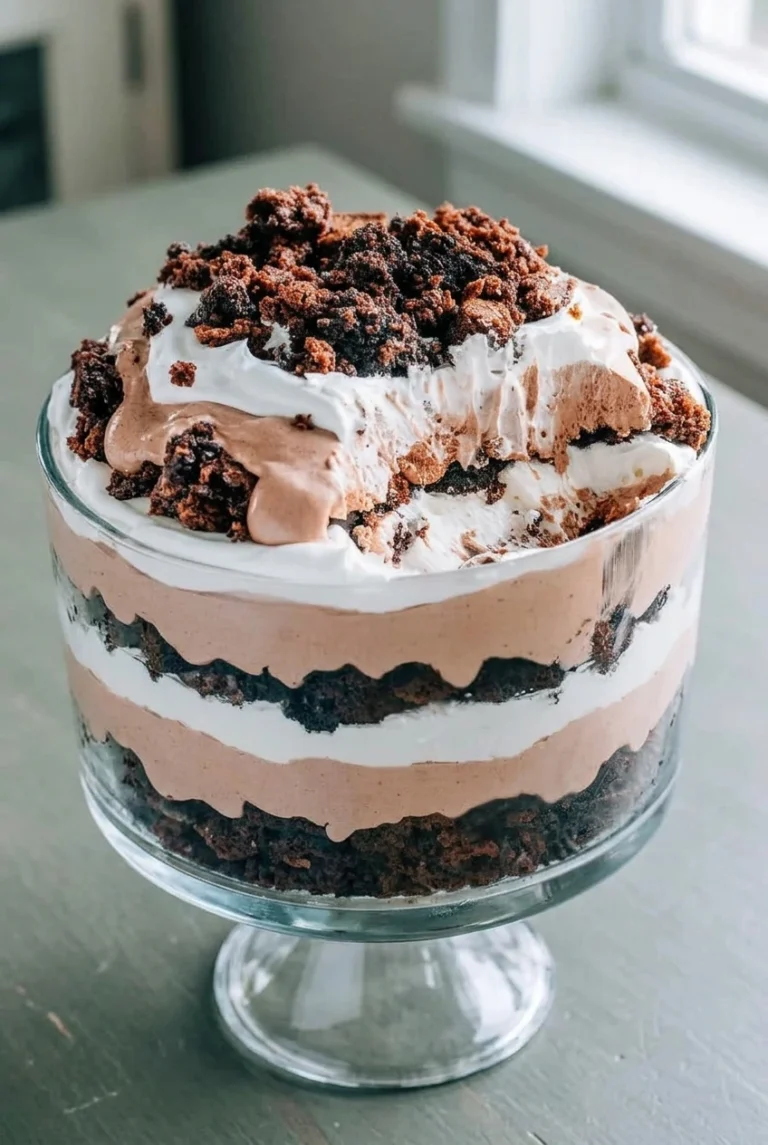 Christmas brownie trifle in a clear glass bowl with visible brownie, chocolate cream, and whipped cream layers.