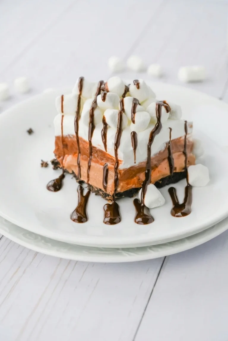 No-Bake Hot Chocolate Lasagna with Oreo Crust A square slice of no-bake hot chocolate lasagna with Oreo crust, chocolate layers, whipped topping, marshmallows, and drizzle