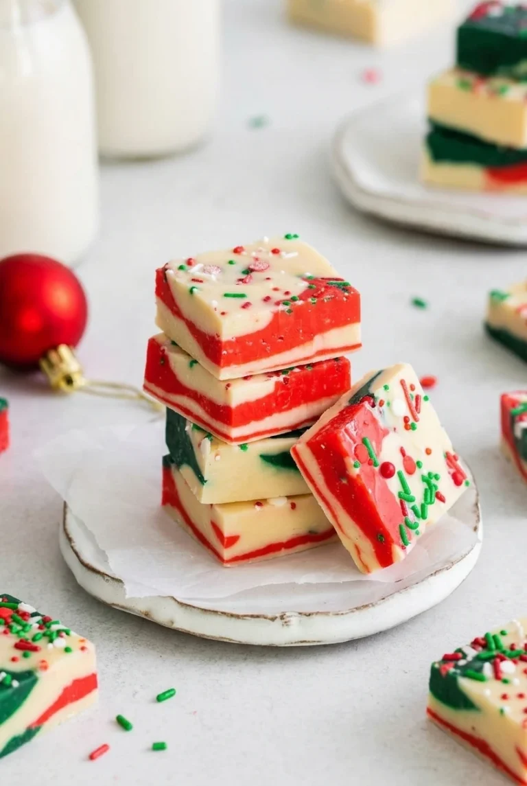 Christmas Fudge with Red and Green Sprinkles Thick red, white, and green Christmas fudge squares with sprinkles stacked on a pale plate