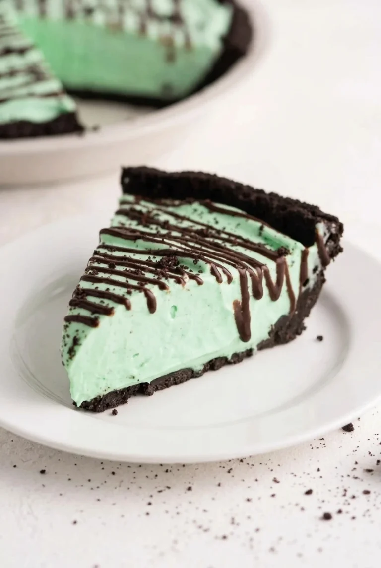 A tall slice of no-bake peppermint pie with pale green filling, dark cookie crust, and chocolate drizzle.