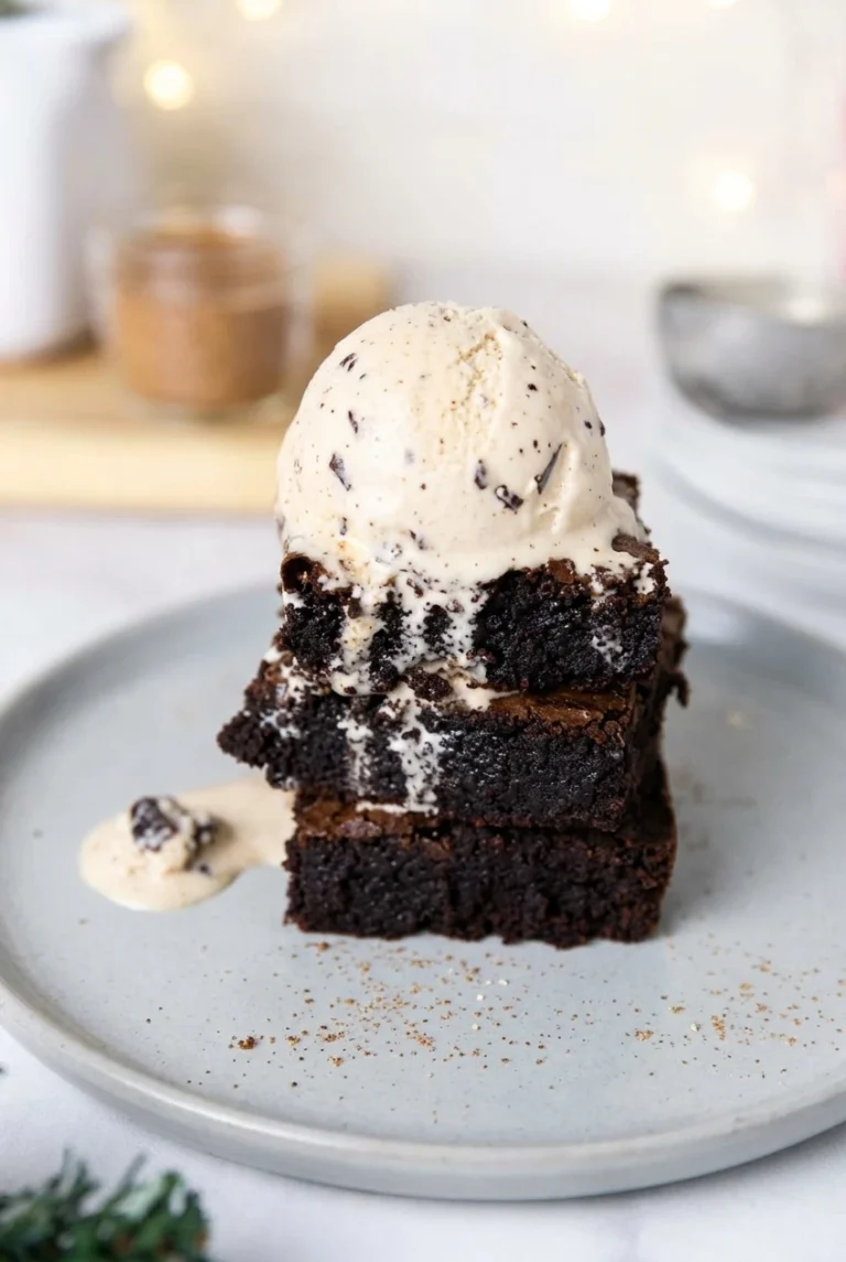 Three dark gingerbread brownie squares stacked with vanilla ice cream on a plate