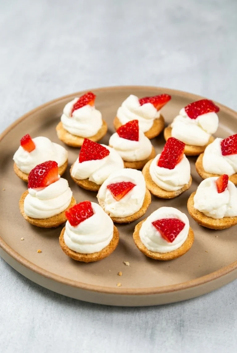 No-Bake Christmas Cheesecake Bites with Strawberries No-Bake Christmas Cheesecake Bites with strawberry-topped swirls of white filling on golden vanilla cookies