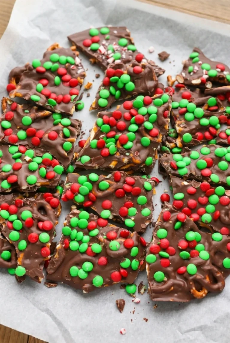 Christmas Chocolate Bark with Pretzels and Candy Canes Christmas chocolate bark shards with visible pretzels, red and green candies, and crushed candy cane pieces