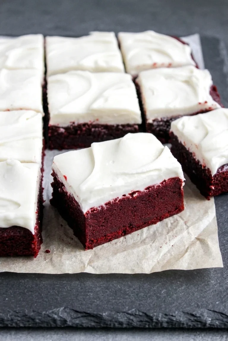 Christmas Red Velvet Brownies with Cream Cheese Frosting Christmas red velvet brownies with thick white cream cheese frosting on a dark surface, one square showing its fudgy center