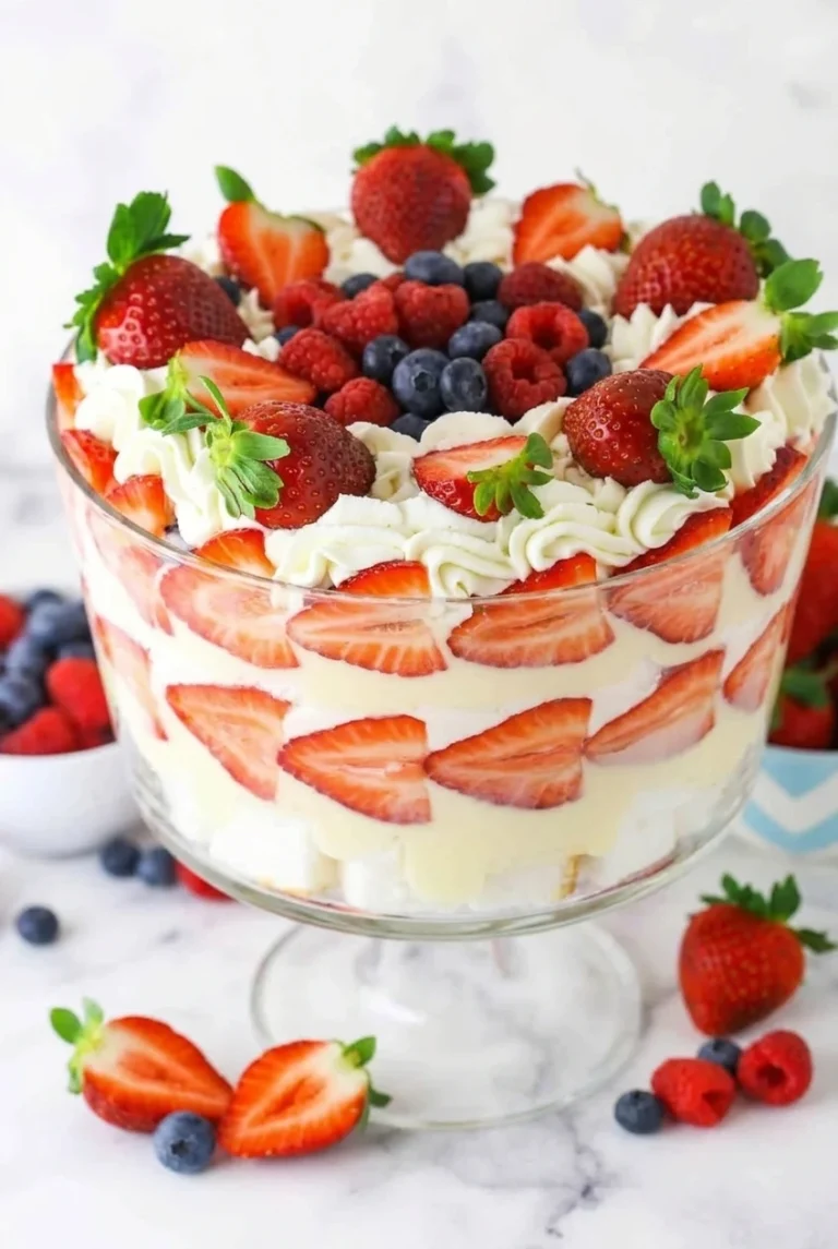 Classic Christmas Trifle with Berries and Custard Christmas trifle layered with cake, custard, cream, and strawberry bands in a clear footed bowl