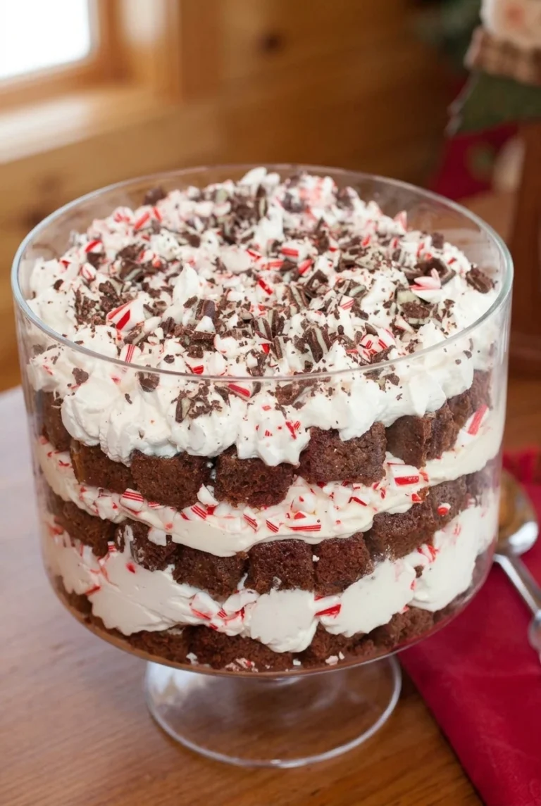 Peppermint chocolate trifle in a clear glass bowl, layered with brownie cubes, white cream, candy cane, and chocolate pieces