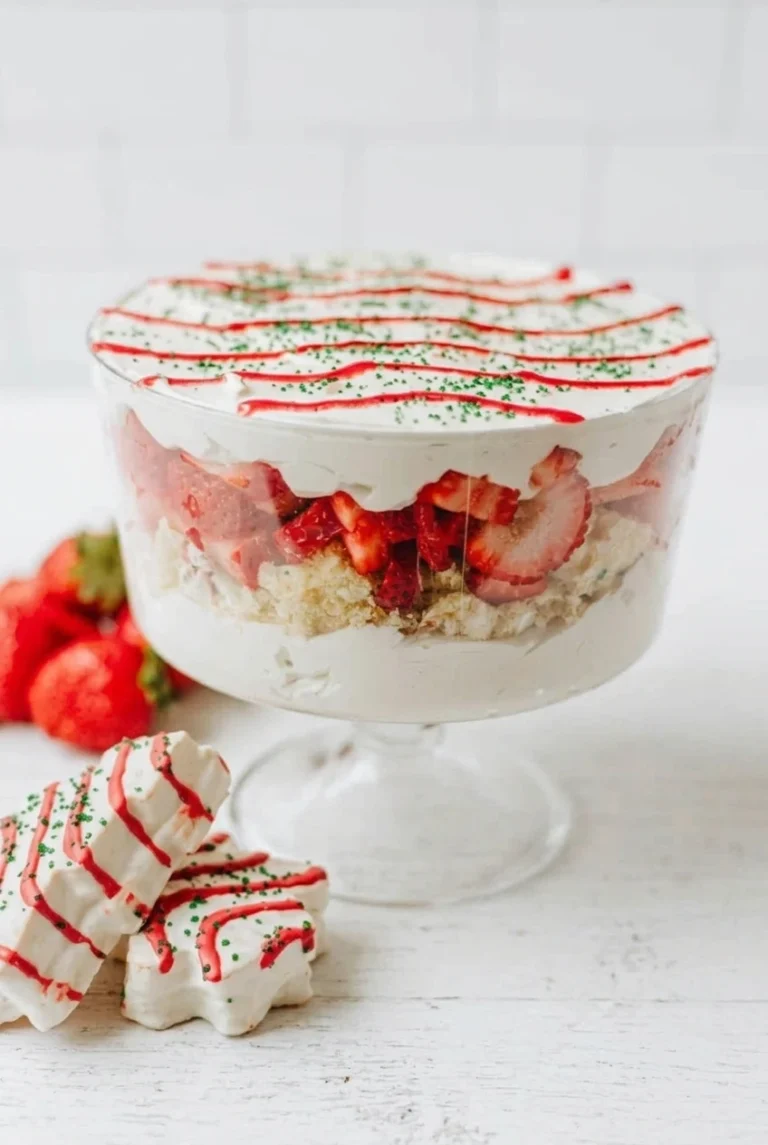 Little Debbie Christmas Tree Cake trifle with strawberry layers, red icing, green sprinkles, and decorated cakes beside the bowl