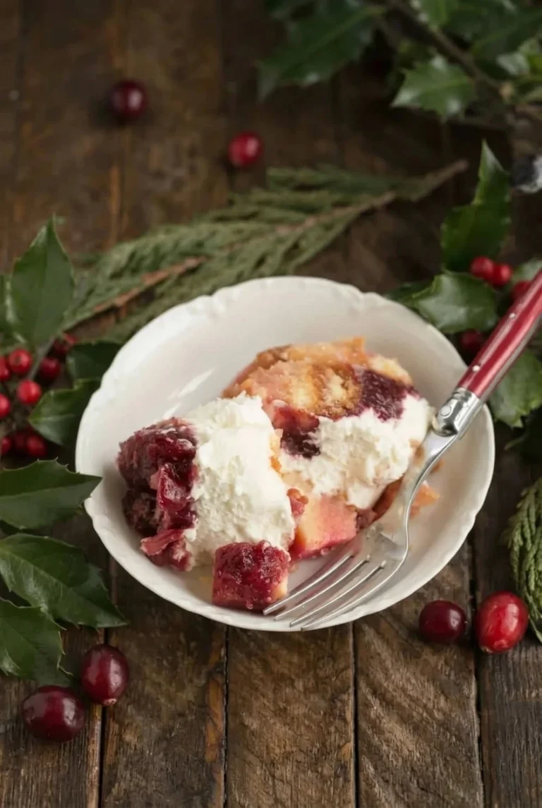 Cranberry orange Christmas trifle with golden pound cake, white mascarpone cream, and chunky ruby cranberry compote in a bowl