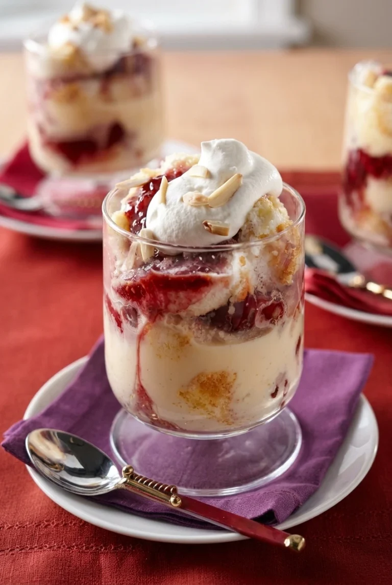 Eggnog Christmas Trifle in a clear stemmed glass, layered with golden cake and cherries and topped with cream and almonds