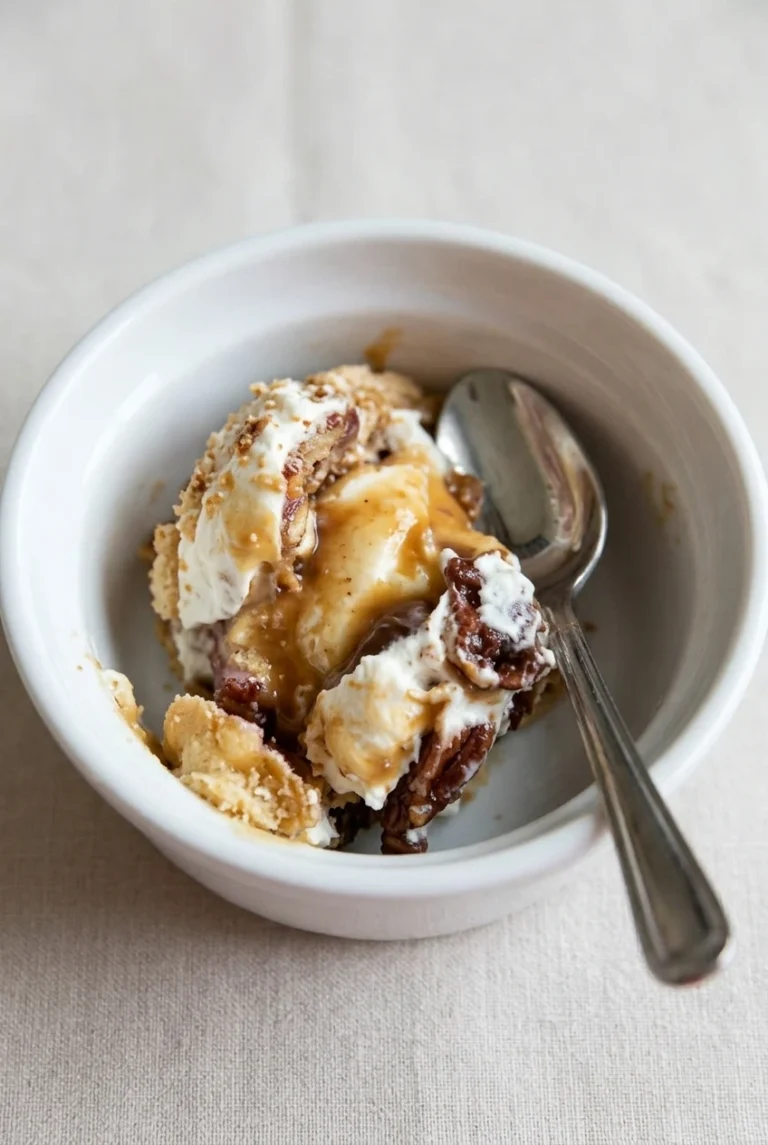 Pecan Pie Trifle with Mascarpone Cream Pecan pie trifle with golden pie chunks, mascarpone cream, sauce streaks, and a spoon in a white bowl