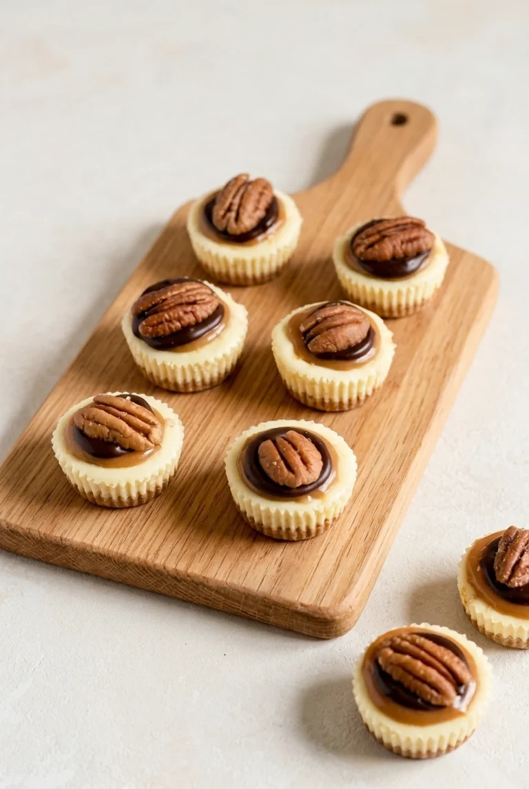 Mini Turtle Cheesecake Cups with Caramel & Pecans Mini turtle cheesecake cups in fluted liners, topped with caramel, dark chocolate, and pecan halves on a wooden board.