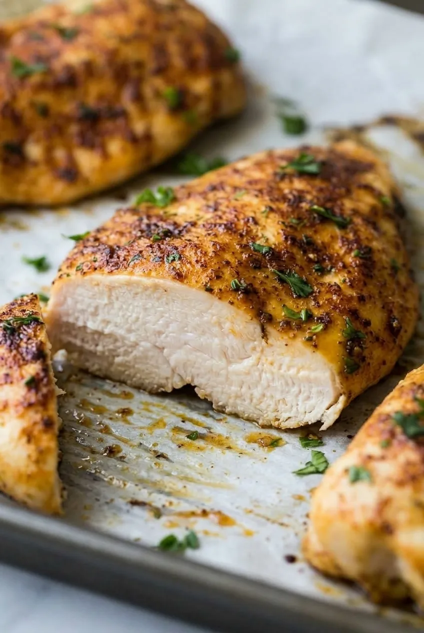 Cut baked chicken breast showing its moist white interior and browned paprika-seasoned top