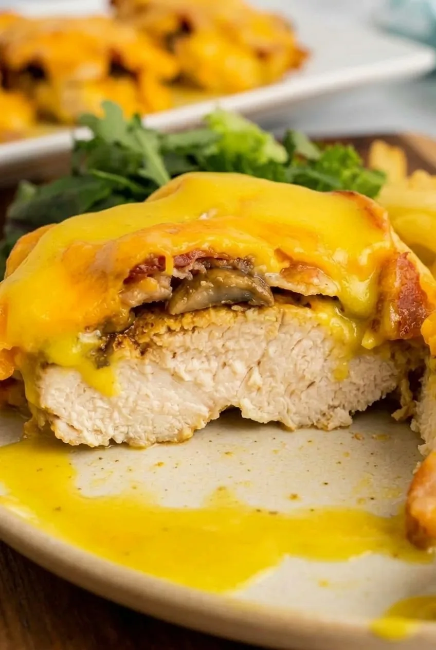 Close view of cooked chicken beneath melted cheese, bacon, mushrooms, and yellow honey mustard