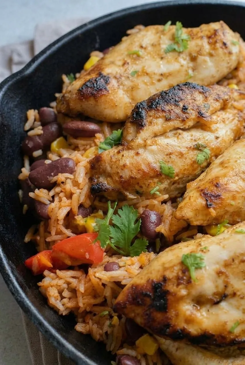 Close view of seared chicken over distinct orange-red rice grains, kidney beans, corn, and red pepper