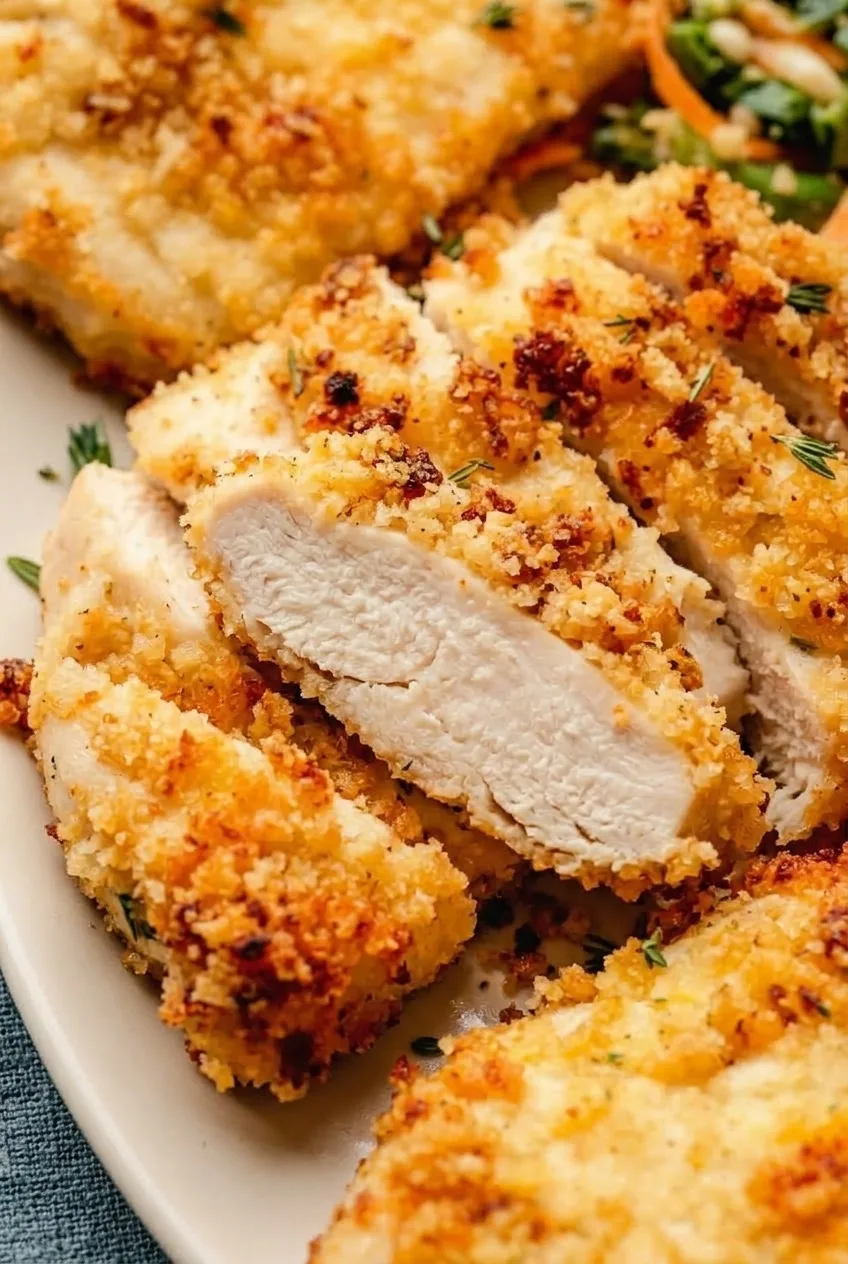 Close view of sliced ranch chicken showing coarse golden crumbs and a moist white interior