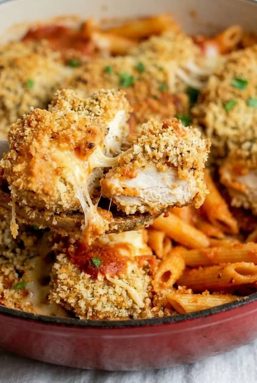 Close view of coarse golden Chicken Parmesan crust, marinara-coated penne and strands of melted mozzarella