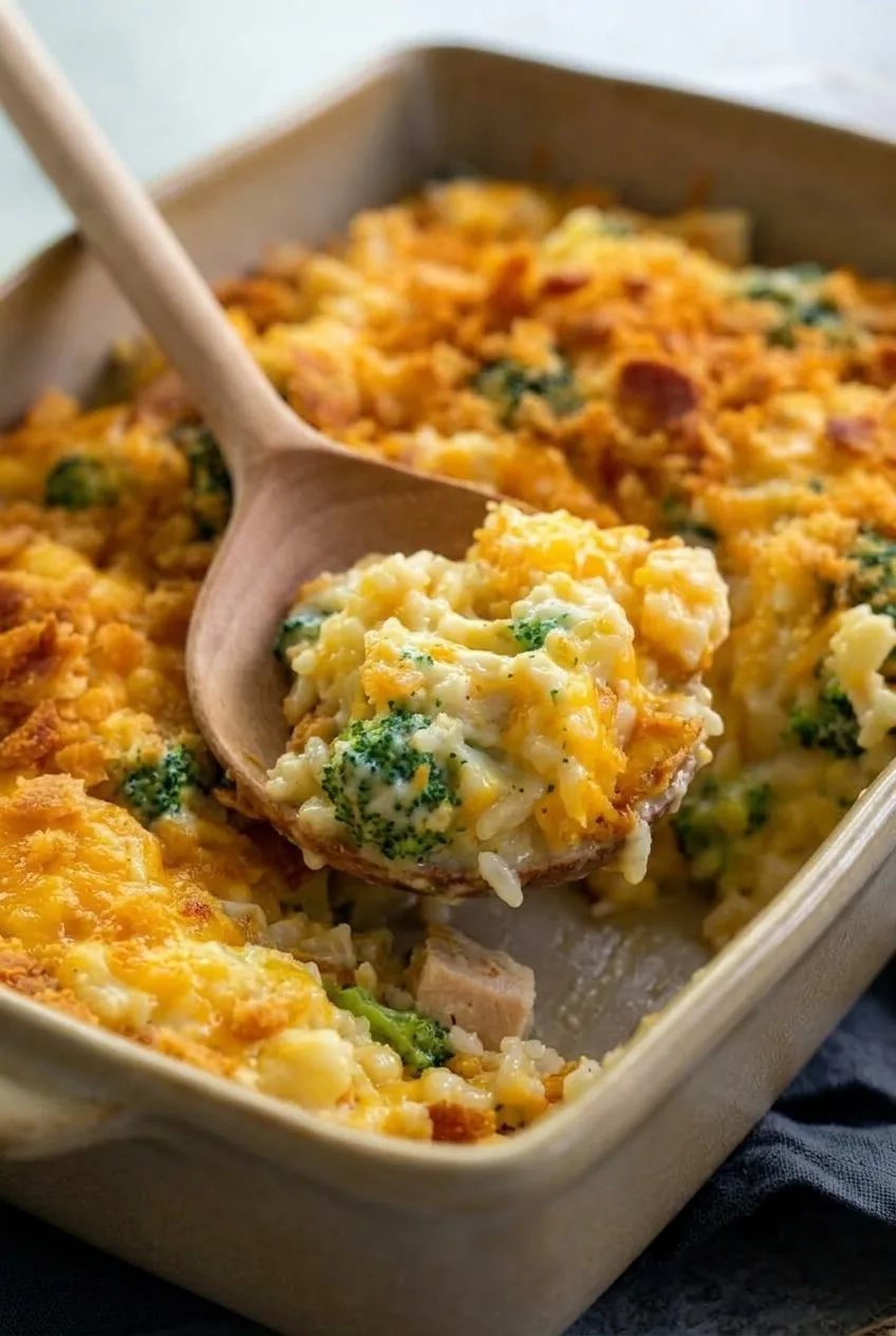 Close view of creamy chicken, rice, and broccoli beneath melted cheddar and coarse cracker pieces
