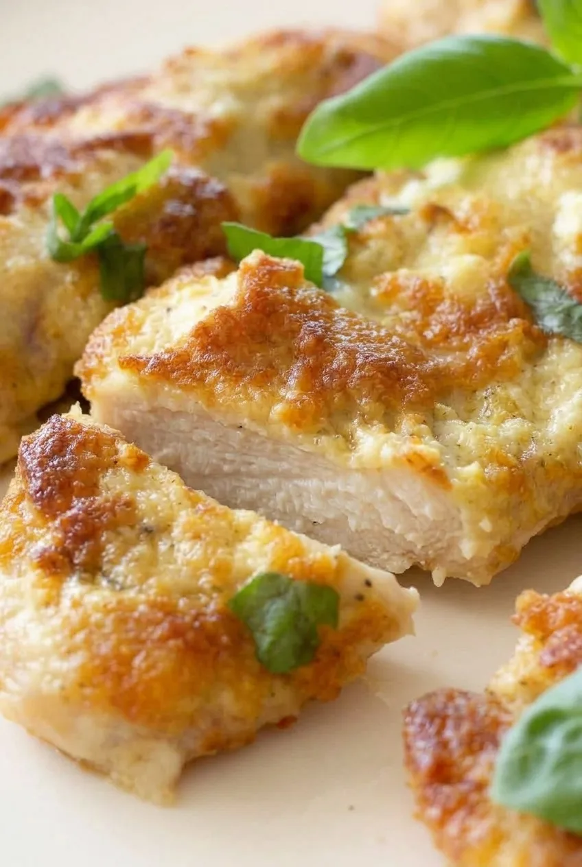 Close view of moist cooked chicken inside a cutlet beneath its browned Parmesan topping