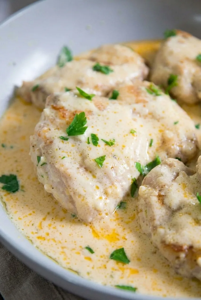 Close view of a whole chicken breast coated in cream cheese sauce, with browned edges and parsley