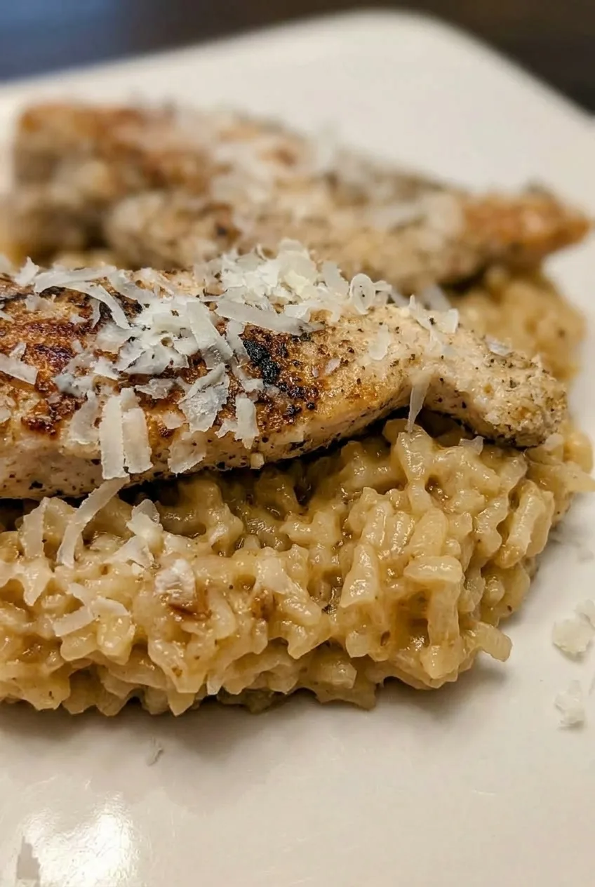 Close view of browned chicken, Parmesan shavings, and individual grains of glossy garlic rice