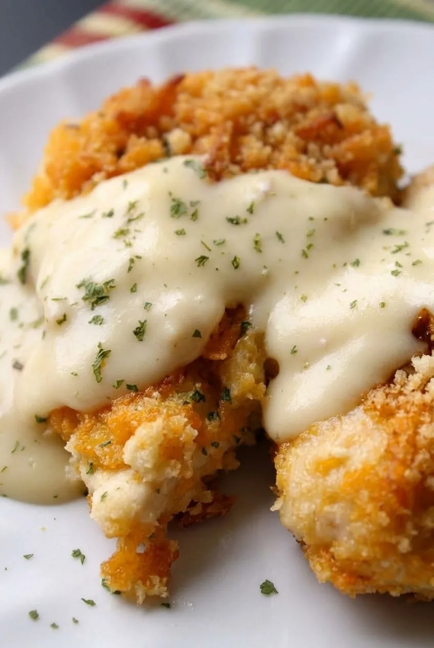Close view of coarse golden chicken crust beside thick white cheddar sauce and parsley