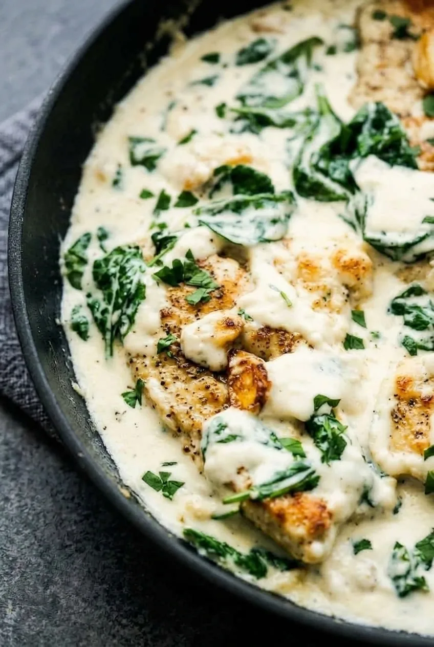 Close view of a browned chicken cutlet edged with cream sauce and wilted spinach