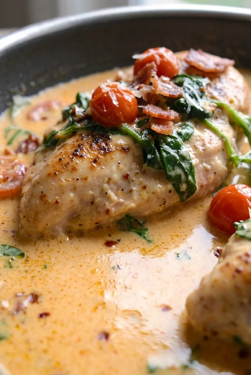 Close view of seared chicken coated in creamy sauce with spinach, tomato, bacon, and Parmesan