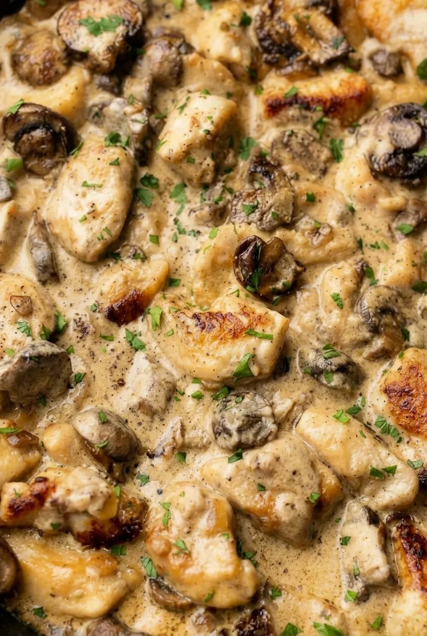 Close view of seared chicken and browned mushroom slices coated in creamy stroganoff sauce