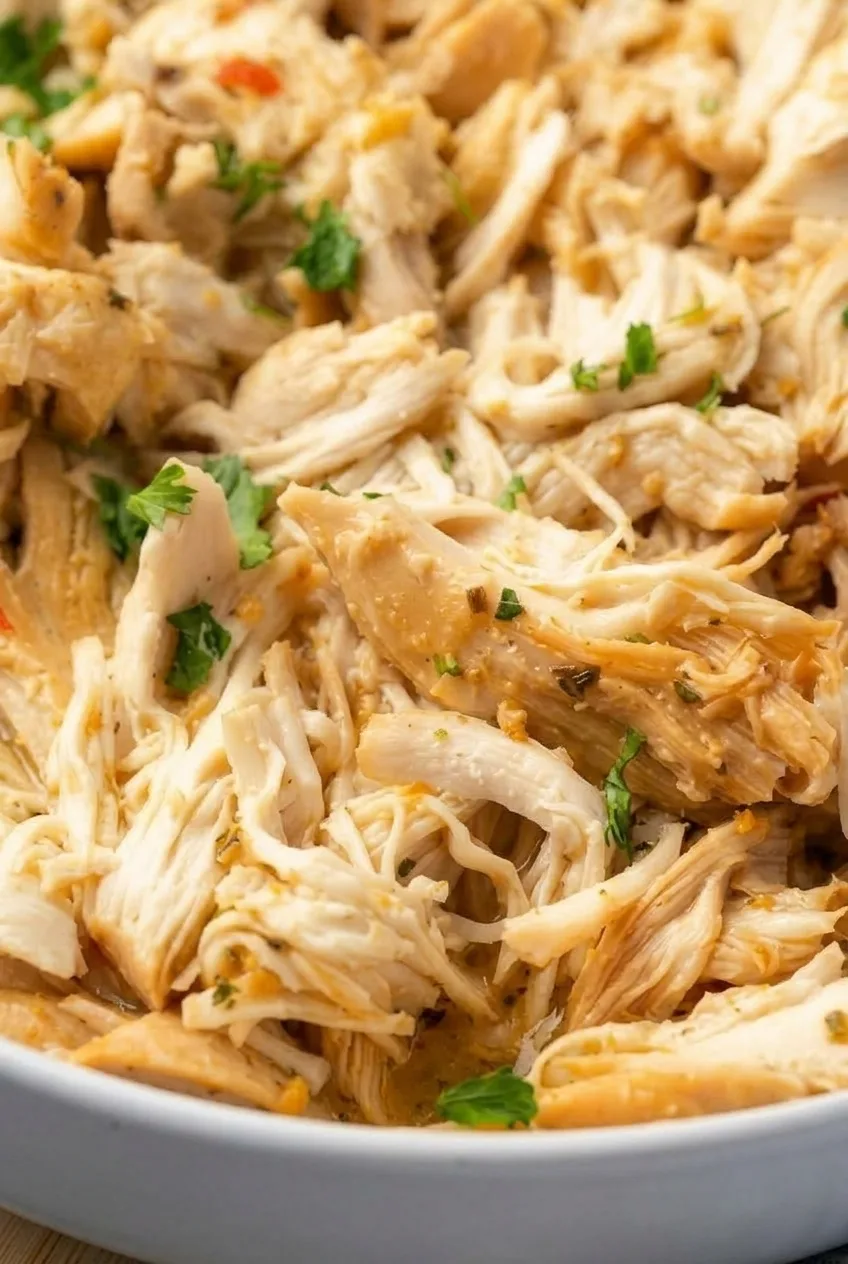 Close view of moist Italian chicken shreds with a light golden-tan sauce and small parsley pieces