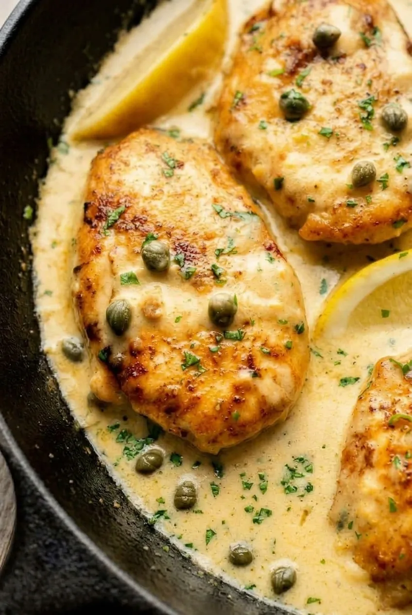 Close view of a browned chicken piccata cutlet coated with pale sauce, whole capers, and parsley