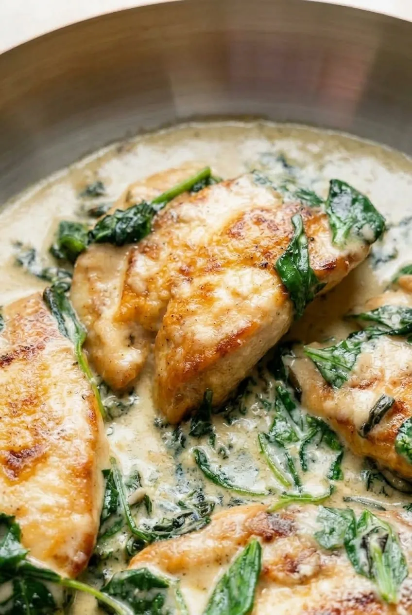 Close view of a seared Chicken Florentine cutlet with glossy cream sauce and whole spinach leaves
