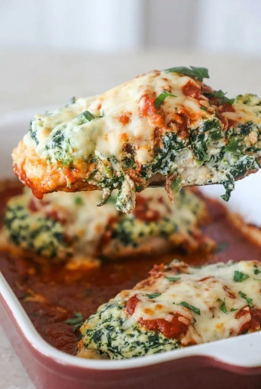 Close view of moist chicken beneath thick spinach ricotta, marinara, and melted mozzarella